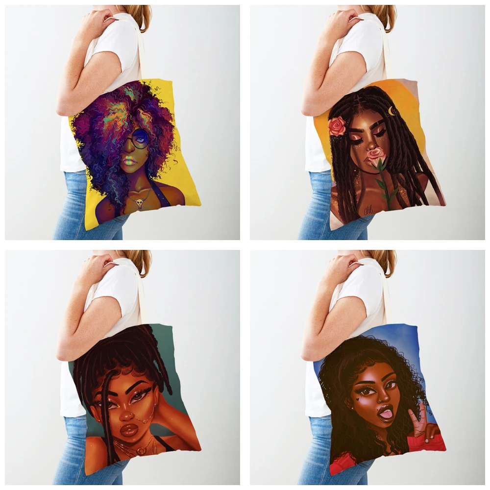 Fashion Cartoon Beautiful African Girl Shopping Bag for Women Casual Black Lady Canvas Shopper Bag Reusable Eco Tote Handbag