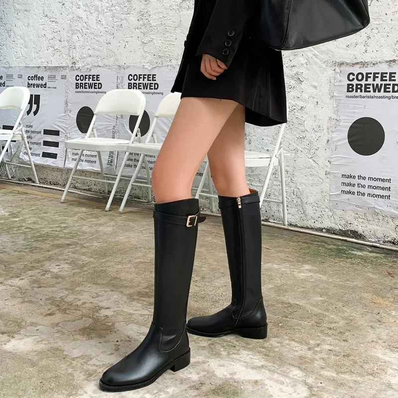 Women Low Heeled Knee High Boots Autumn Winter New Design Soft Leather Knight Boots Fashion Round Toe Warm Botas Botas De Mujer