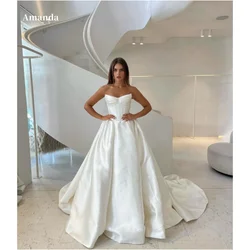 Amanda White Side Slit Satin Strapless vestido femininos A-line Sleeveless فساتين سهرة Floor-Length Customized wedding dress