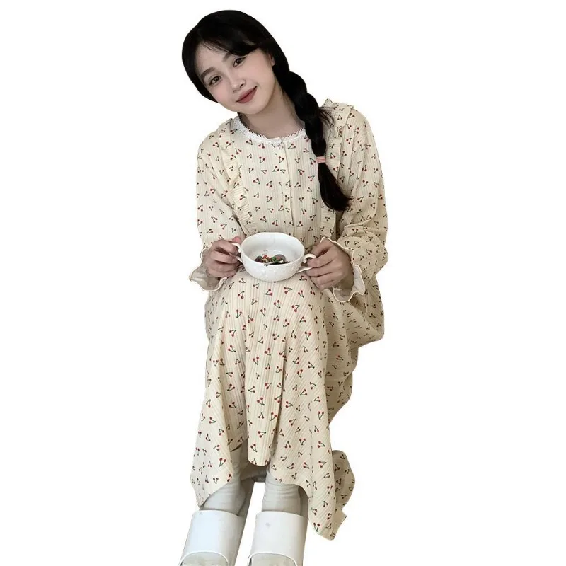 Cherry Print Women Nightgown Lace Sleepwear O-neck Nightwear Korean Fashion Night Dress Long Sleeve Autumn One Piece Pajamas New