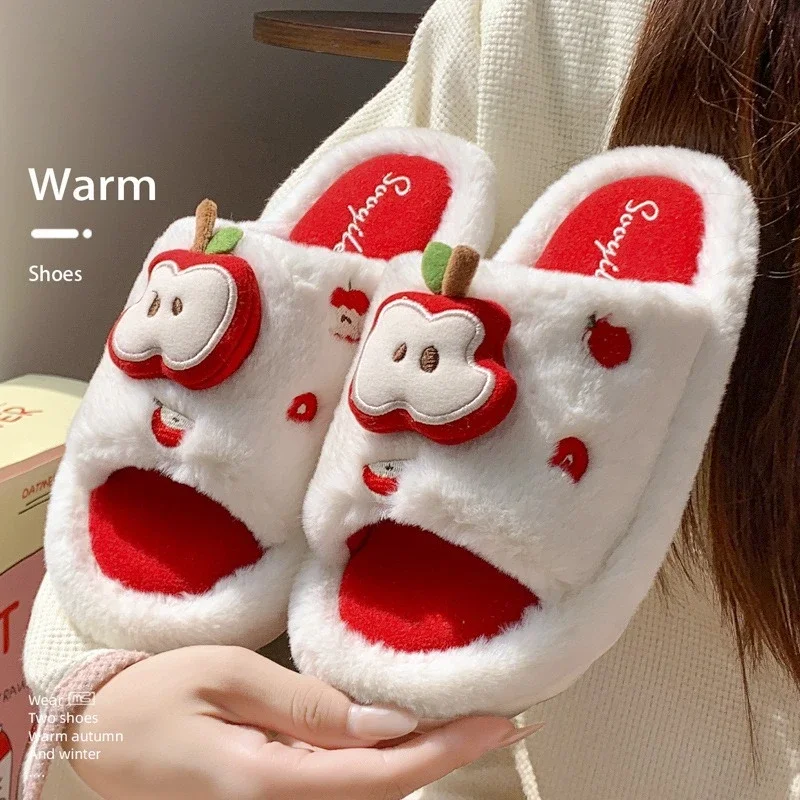 

New Cute Cartoon Apple Cotton Slippers For Women Autumn Winter House Shoes Warm Faux Fur Anti-slip Girls Indoor Fluffy Slides