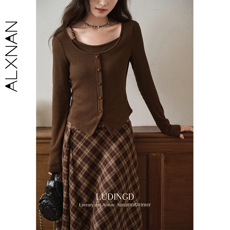 ALXNAN المرأة الخريف سترة 2025 البني خمر أنيقة بلوفر مغزول كاذبة طبقتين طوق غير المتماثلة هيم تريكو L569116 #3