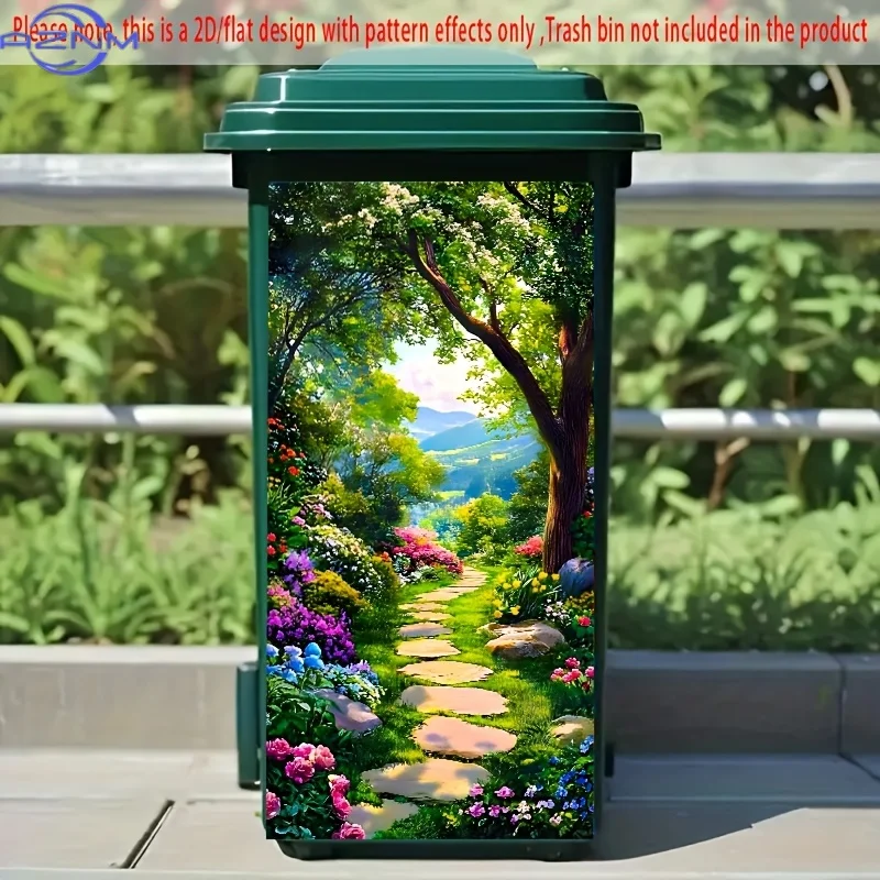 Art Deco Style Garden Path Trash Can Sticker, Polyvinyl Chloride Material, 37.01x81.99 cm, with Flowers on Both Sides, Creativ
