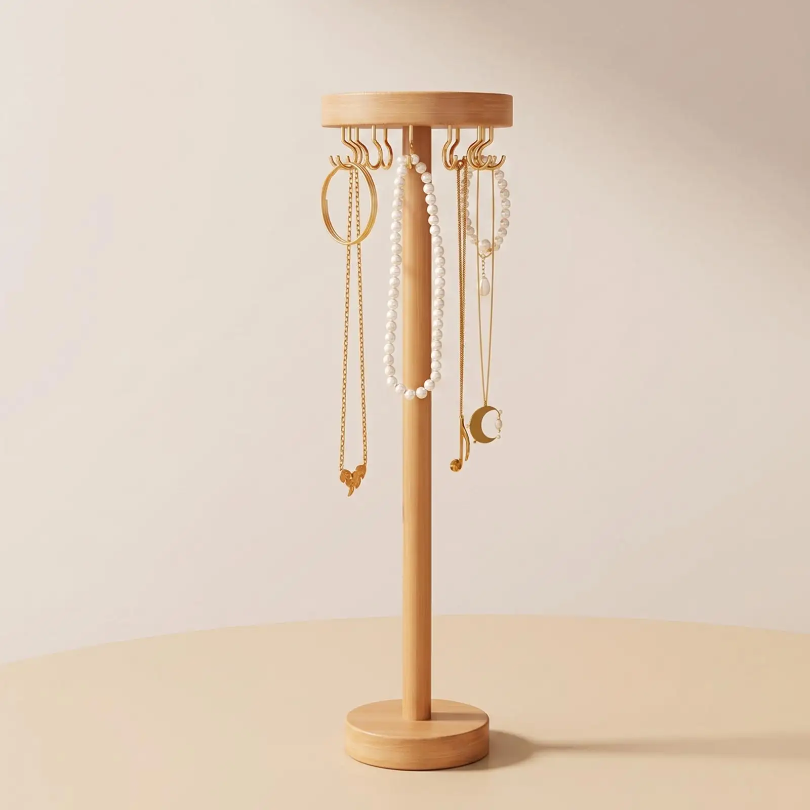 Wooden Necklace Display Stand for Jewelry Organizer Storage Rack with Gold Tone Metal Post and Hanging Hooks for Earrings - view 3