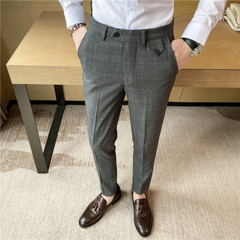 2022 Men Formal Office Social Suit Pants British Casual Slim Fit Trousers Men Clothing Autumn Winter Plaid Business Dress Pants