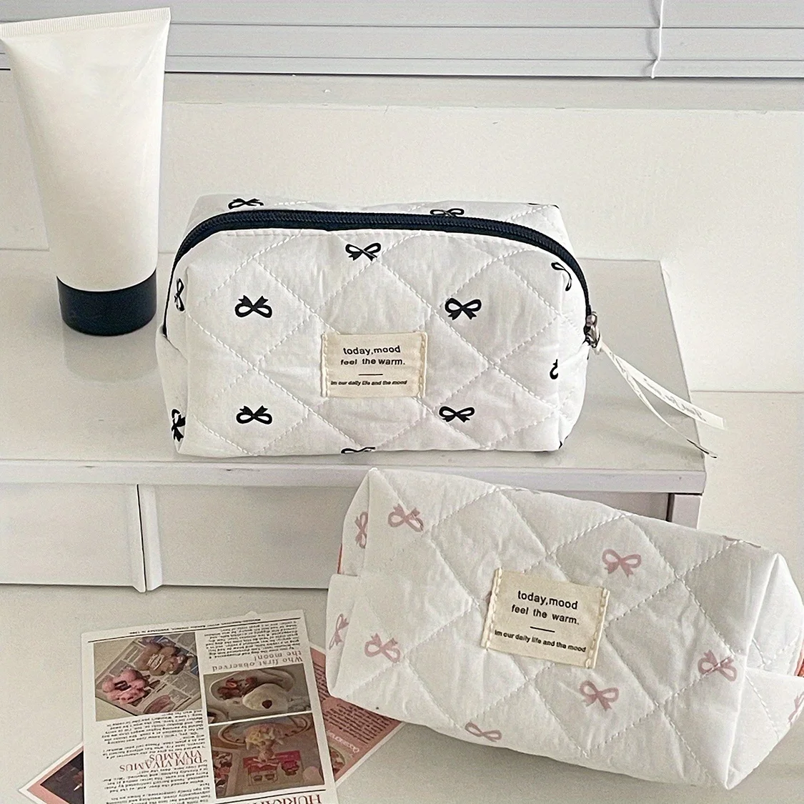Sweet Bowknot Octagonal Makeup Bag, Korean-Style Ins Pencil Case, Large Capacity Desktop Stationery Box for Girls, New High-Value Storage Bag, High-Value Pencil Case, High-Value Travel Portable Toiletry Storage Bag
