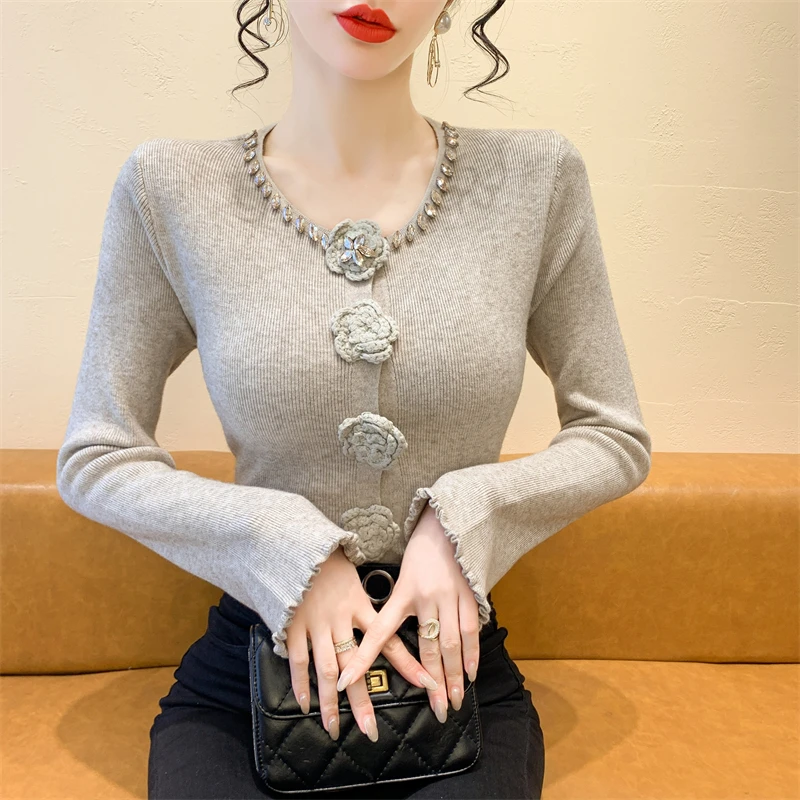 

Autumn Winter Three-dimensional Rose Knitted Shirt Slim Long Sleeved Women Sweater Korean Fashion Lady Pullovers Tops