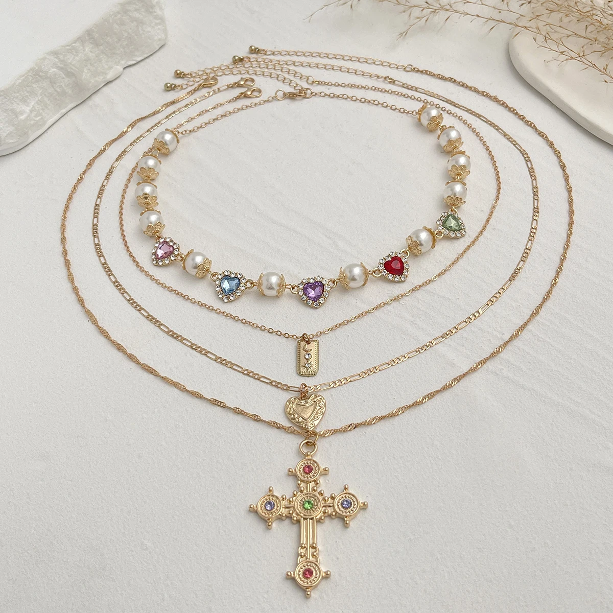 Ingemark Multilayer Rhinestone Love Heart Imitation Pearl Chain Necklace Women Creative Jesus Cross Pendant Choker Y2K Jewelry