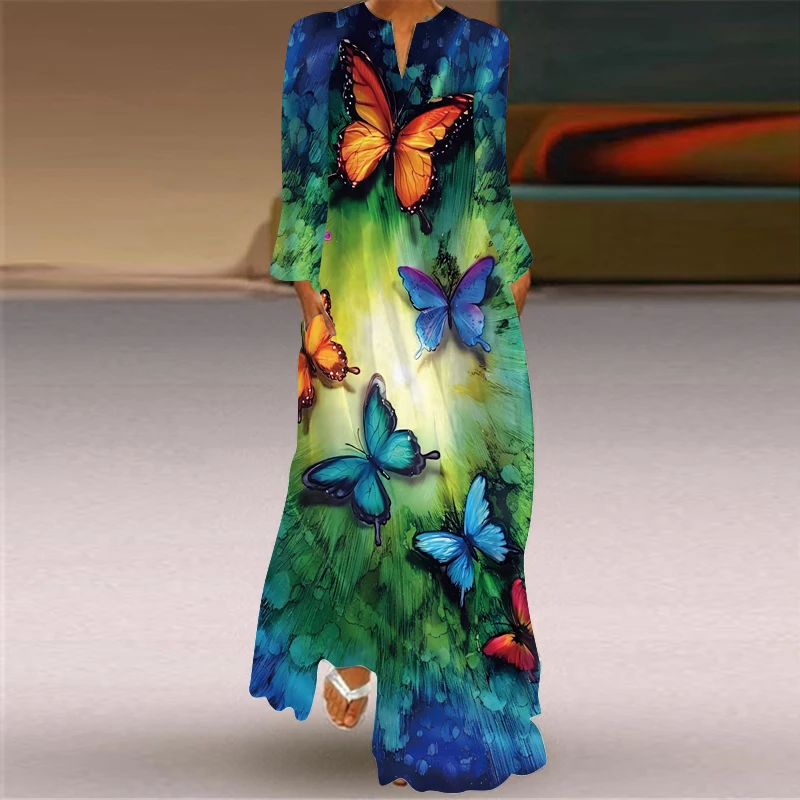 Fashion Butterfly Printed Long Summer Thin dress Pocket Sexy V-neck Long Sleeve Dresses Women Party Ankle-Length Vintage Pocket