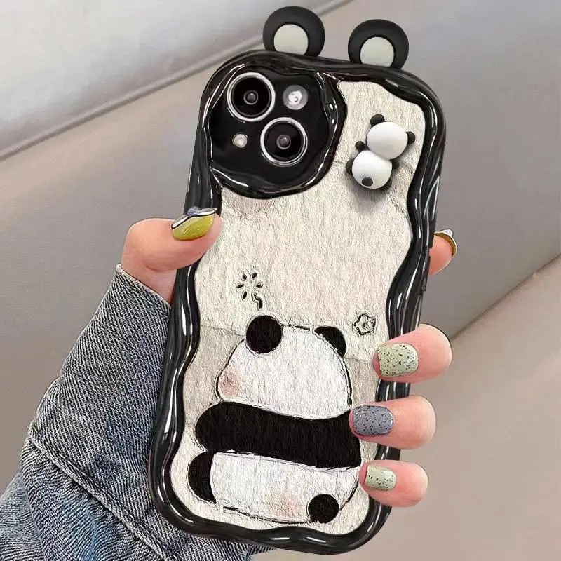 Cute 3D Pnada Case for Xiaomi Redmi Note 13 Pro 5G 12 13 Pro Plus Redmi 12 POCO X6 M6 Pro Wave Pattern Couple Phone Back Cover