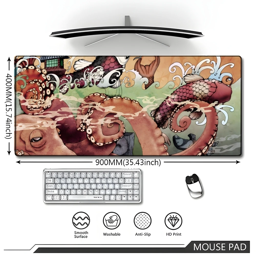 Grande Gaming Mouse Pad com bloqueio de borda, Koi, nuvem, arte japonesa, casal, computador, teclado, mesa, 90x40cm, 700x400 cm