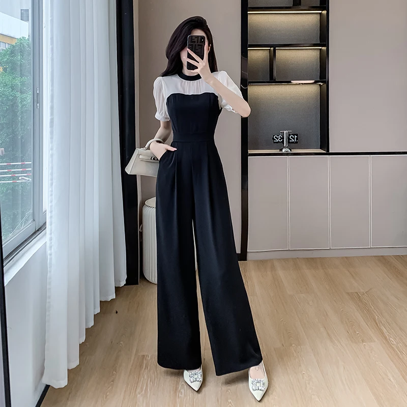 

High-end celebrity high-waisted wide-leg jumpsuit 2024 fashion temperament slim slim thin black jumpsuit