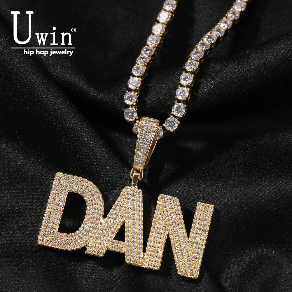 

Uwin Custom Initial Letters Name Pendant Necklace Micro Paved 3 Rows Cubic Zirconia Personalized Chain Necklace Hiphop Jewelry