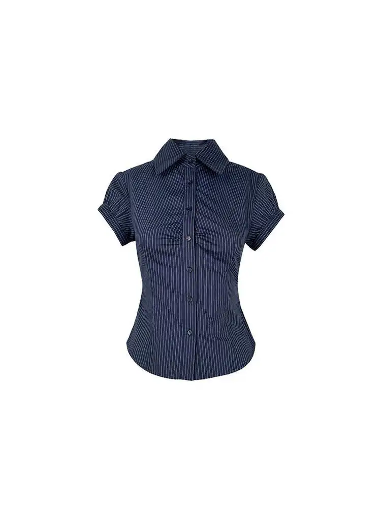 

Retro Stripe Waist-Cinching Short Sleeve Women's Shirt Summer New Design Hong Kong Style Pure Desire Sweet And Spicy Top