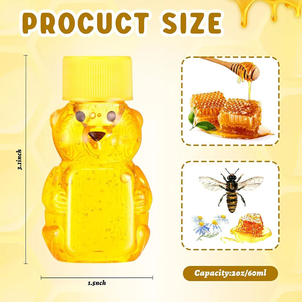 2 oz Plastic Bear Bottle Shape Clear Honey Containers Empty Dispenser with Yellow Lid Honey Jars Cup