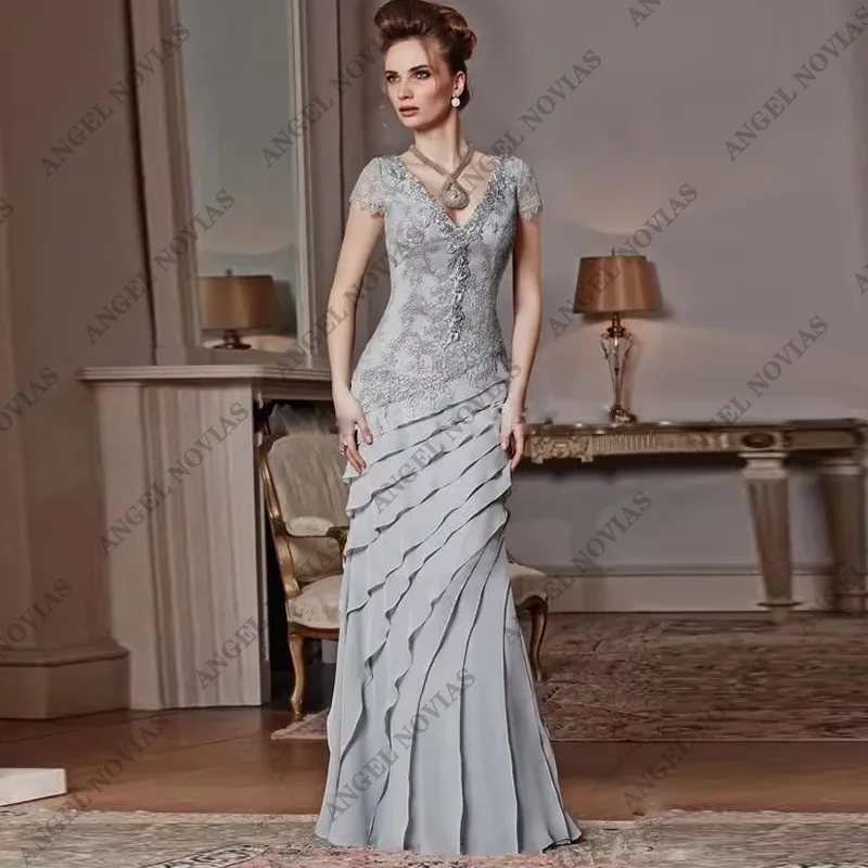 Spitzen applikation Mutter der Braut Kleid Kurzarm boden lange Rüschen Abendkleid elegante Party kleider für Frauen 2024