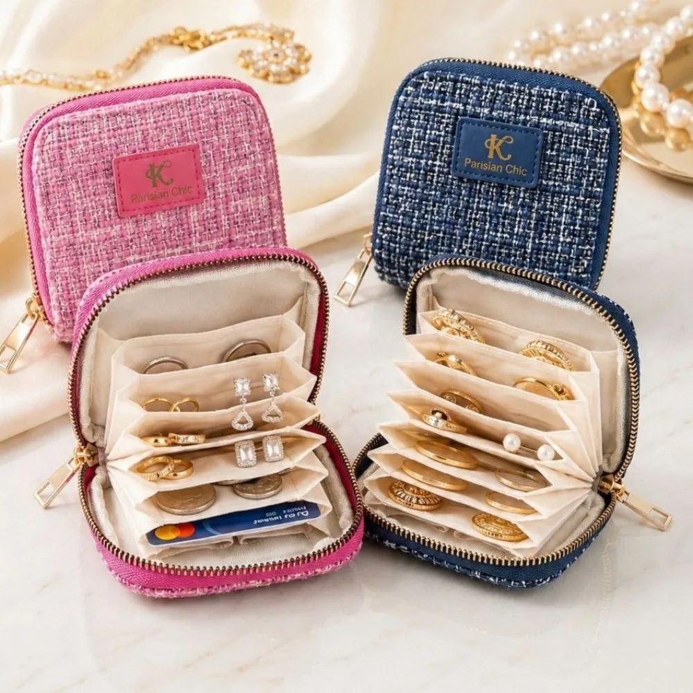 Tweed Jewelry Travel Bag Zipper with Multi Dividers Jewelry Organizer Portable Jewelry Bag Necklaces Rings Earrings Storage