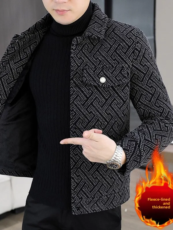 

Men's Winter Fce Lined Jaet Faionable Warm Woolen Coat Korean Sle Trendy Men's Clothing Turn-down Collar Jaet