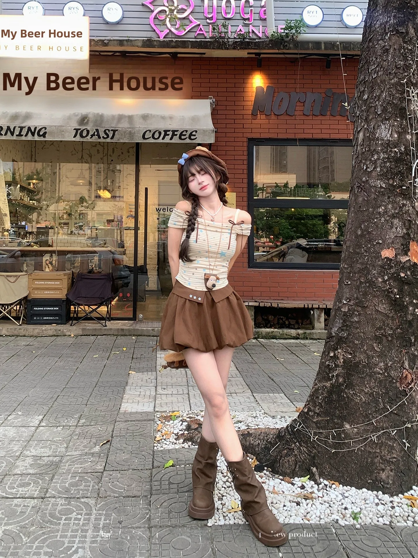 Retro Style Star Print Slim Fit Shoulder T-Shirt Women's Summer Casual Cotton Polyester Blend Short Sleeve High Waist Design