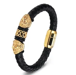 Fashion Classic Gold Color Double Lion Head Magnetic Buckle Leather Bracelet for Men Casual Punk Jewelry Gift