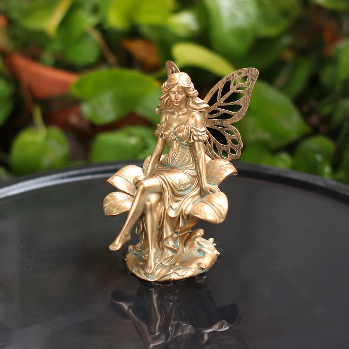 Bronze Sitting Flower Fairy Figurine Resin Craft Yard Lawn Ornament