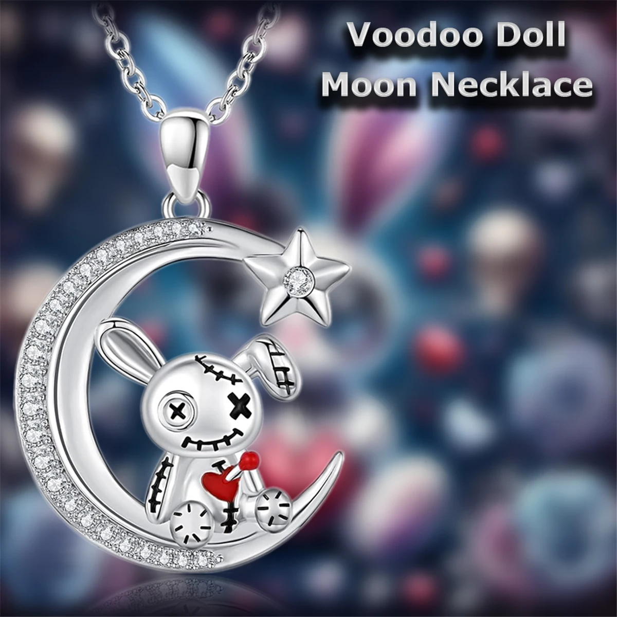 Creative Funny Crescent Moon Red Heart Voodoo Doll Necklace for Women Exquisite Cartoon Jewelry Perfect Holiday Birthday Gift