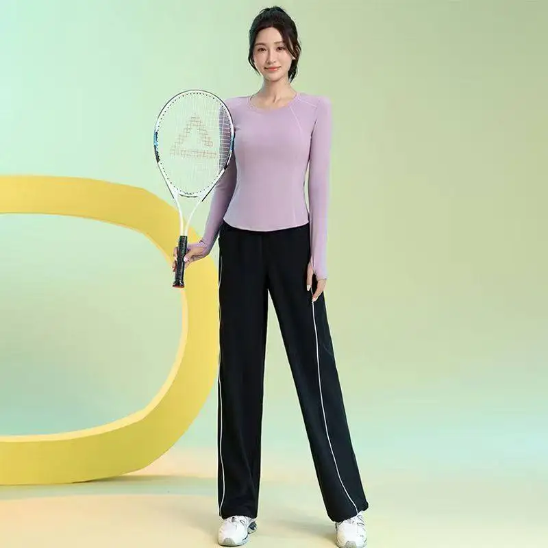 

Women's Badminton Training Suit Long Sleeve Fitness Set Quick Dry Sportswear High Waist Trousers round Neck Two Piece Set