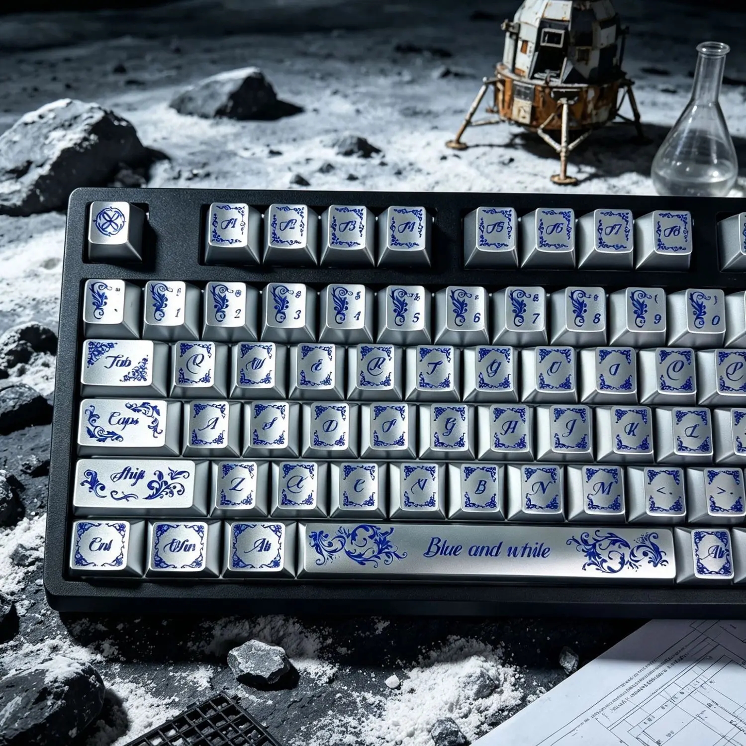 130 Keys Metallic Paint Keycaps Blue and White Porcelain Theme Keycap  PBT DYE-Sub Cherry Profile for Made68 Mad68 Wooting 60