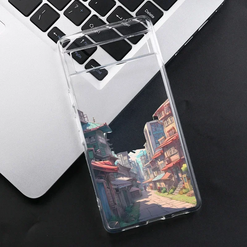Japan Anime Street View Landscape Phone Case For Google Pixel 8A 8 7 Pro 6A 9 Pro  Scenery Pattern Transparent Soft Back Covers
