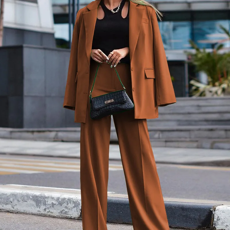 Women\'s Trousers Suit Casual Long Sleeve Jacket + Wide Leg Pant Female 2 Pieces Blazer Set Ladies Fashion Elegant Pant Suit