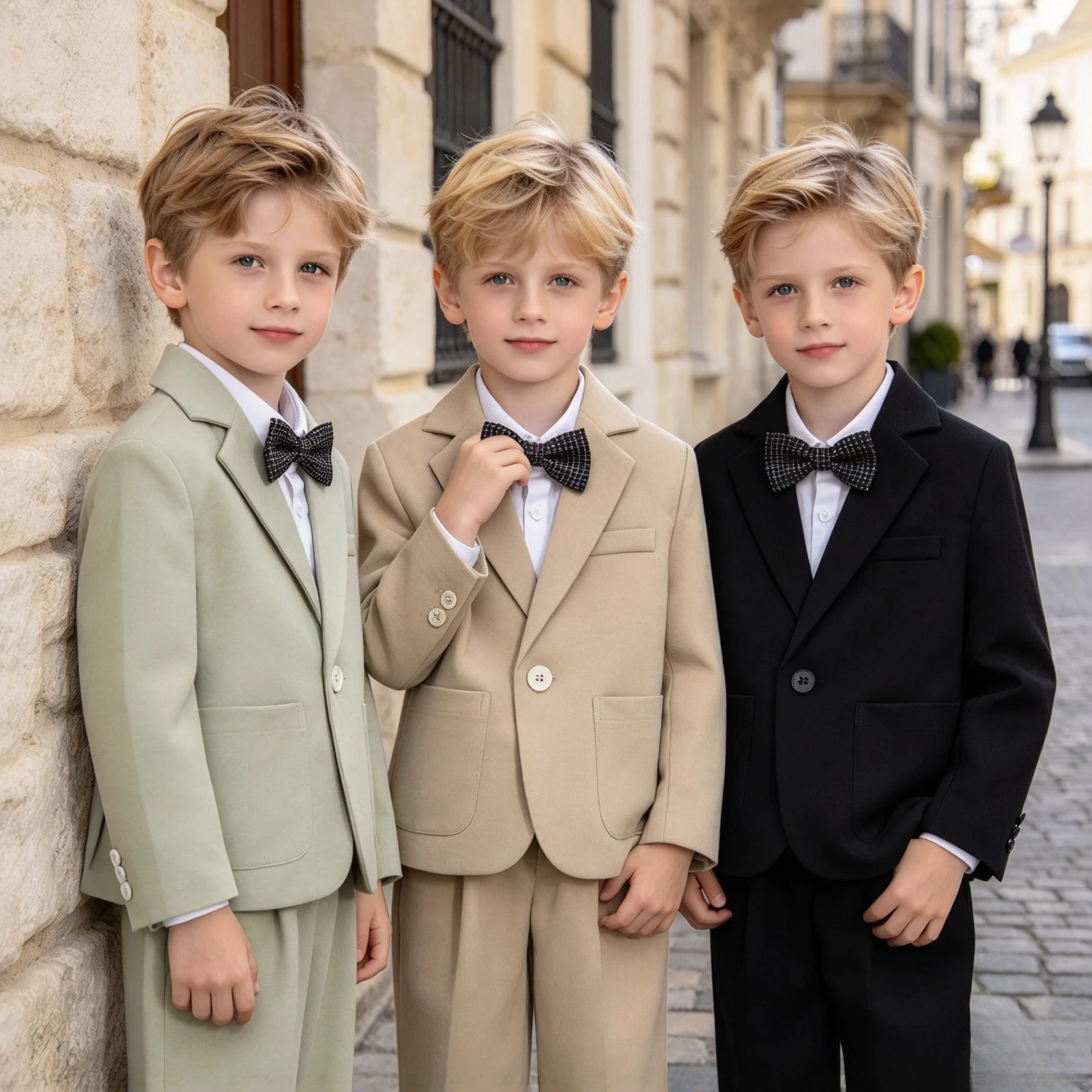 School Kids Boys Basic Suit Set Blazer Pants Bow Tie Children Wedding Host Stage Performance Formal Outfit Green Beige 2-14Years