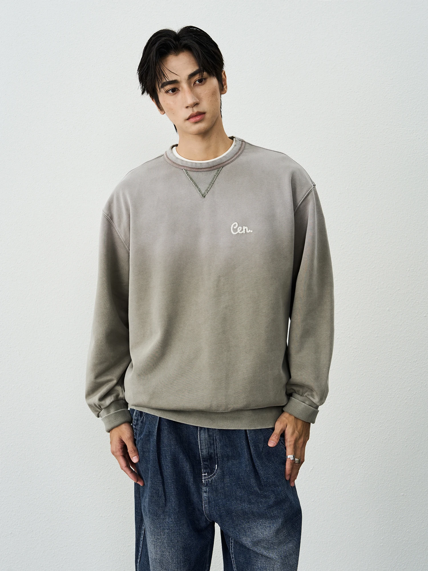CENLES Washed Spray White Embroidered Hoodie Men Loose round Neck Overhead Japanese Retro Style Breathable Cotton Long Sleeve
