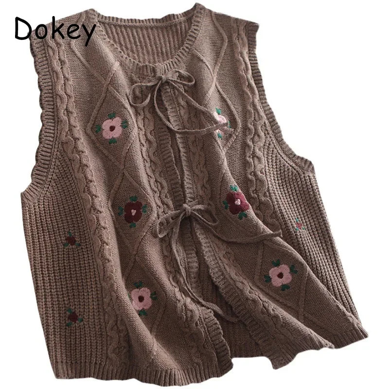 Women\'s Vintage Embroidery Lace-up Sweater Vest Korean O-Neck Sleeveless Loose Knitted Cardigan Female Casual Waistcoat Autumn