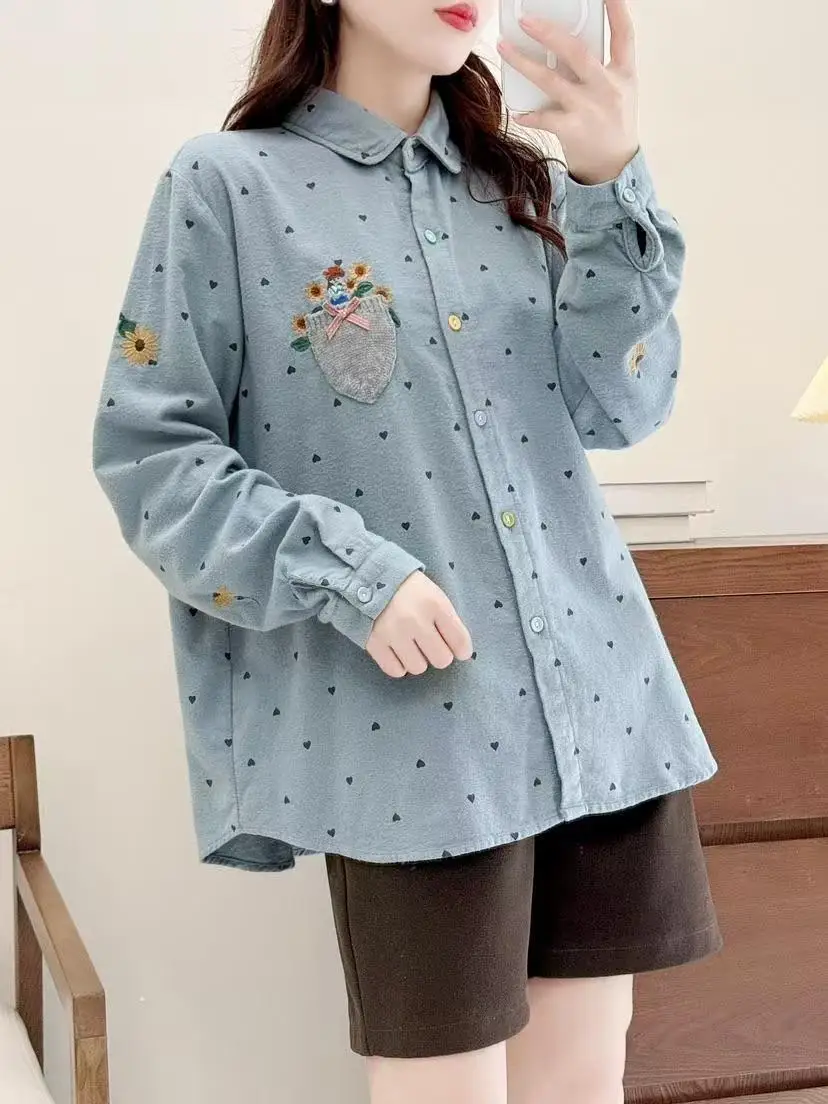 Mori kei fashion Japanese blue apricot heart-shaped printed shirt  vintage knitted pocket patch embroidery long sleeve blouses