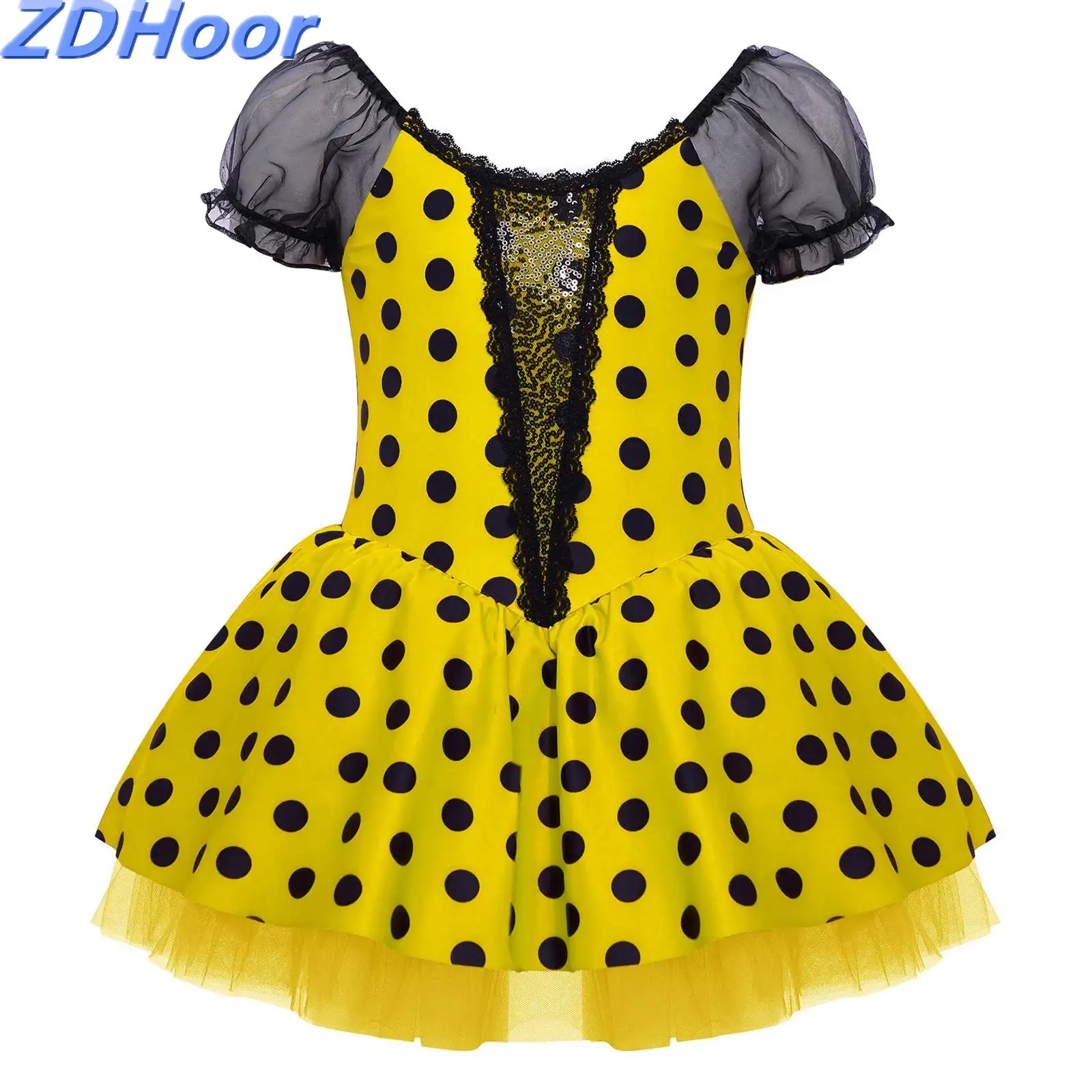 Vestido de baile con tutú de lunares para niñas, mangas cortas abombadas, lentejuelas brillantes, vestido de bloque de Color con bragas integradas para actuación de Ballet