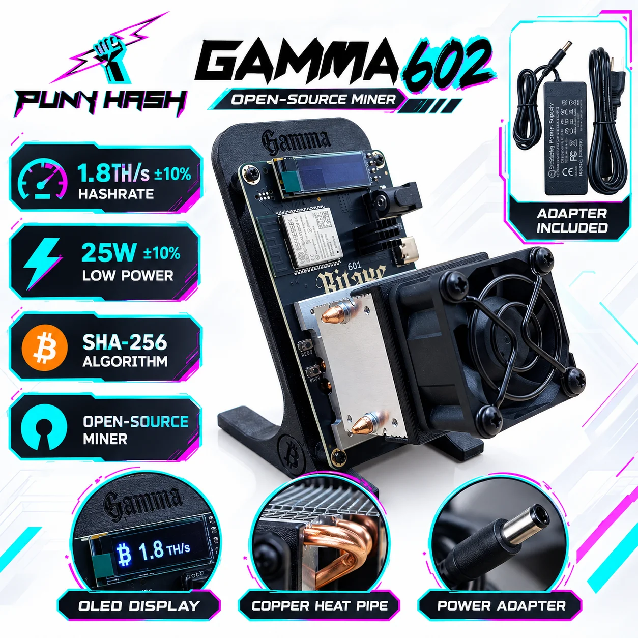 Bitaxe Gamma 602 1.8TH/s 25W Bitcoin Solo Miner BM1370 SHA-256 ASIC BTC Lottery Mining Machine with 5V 6A Power Supply