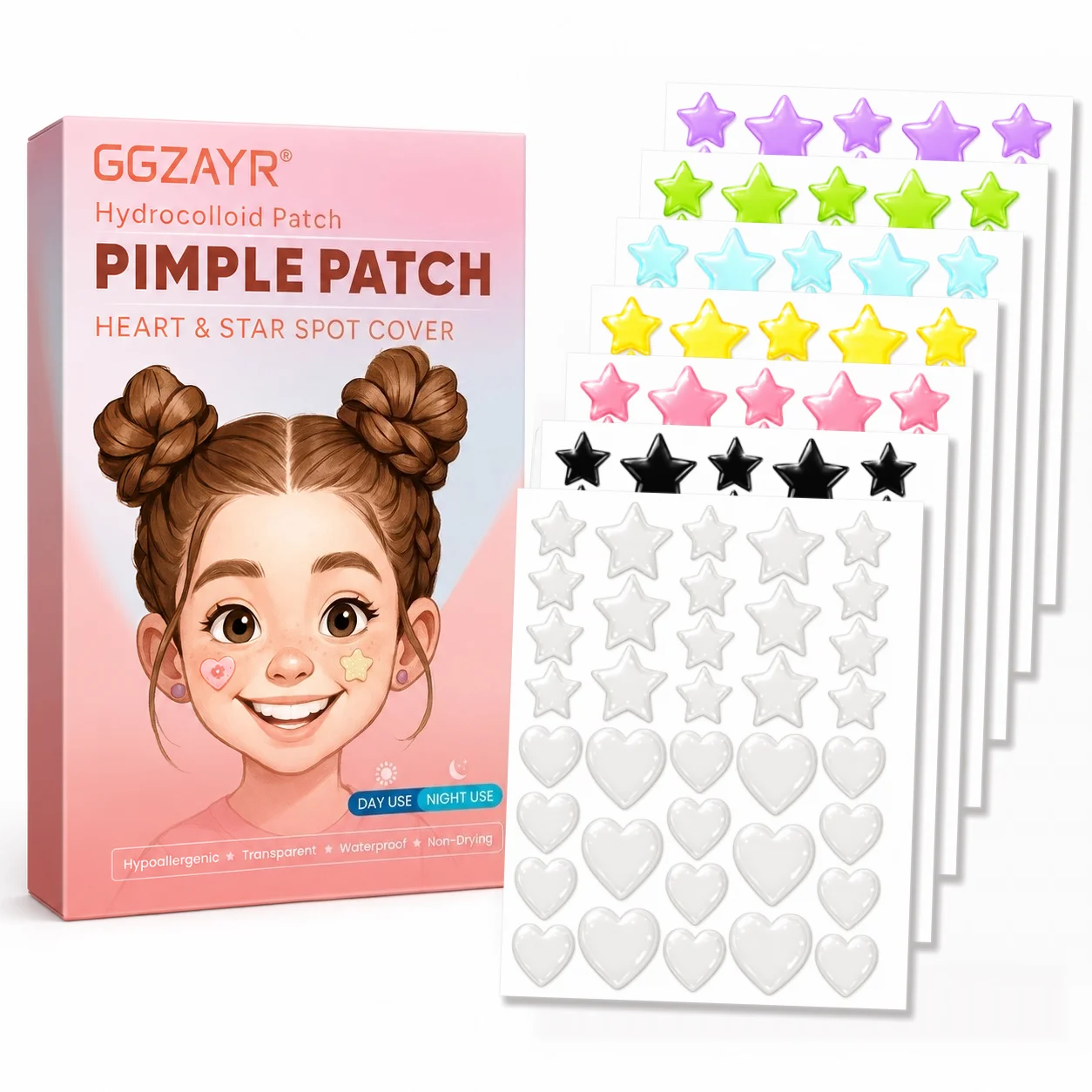 252PCS 7 Sheets Hydrocolloid Pimple Patches Heart & Star Acne Stickers 7 Colors Waterproof Cute Blemish Cover Face  Care Patches