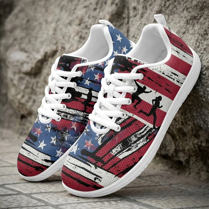 Unisex red and white striped fun running print casual sneakers Four-season lace-up soft-soled non-slip wear-resistant mesh shoes