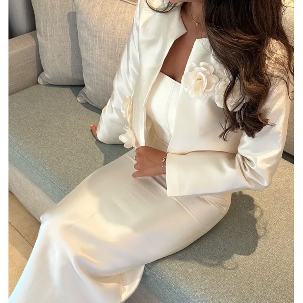 Customized Elegant Satin 2 Piece Evening Dresses Flowers Long Sleeves Prom Dress 2025 Ankle Length Formal Party Dresses