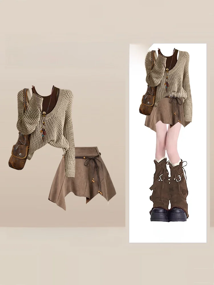 Spicy Girl Post-Aalilometro Sle Dr Set Inizio autunno Faion Abito a due pezzi Gonna superiore lavorata a maglia Combo per donna