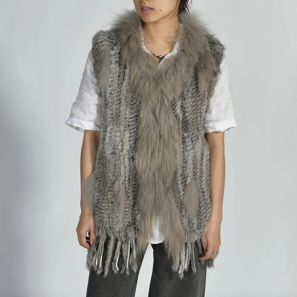 Jxwatcher Women's Real Rabbit Fur Knitted Vest with Tassel Natural Fur Warm Sleeveless Coat Ladies Genuine Fur Gilet New Arrival
