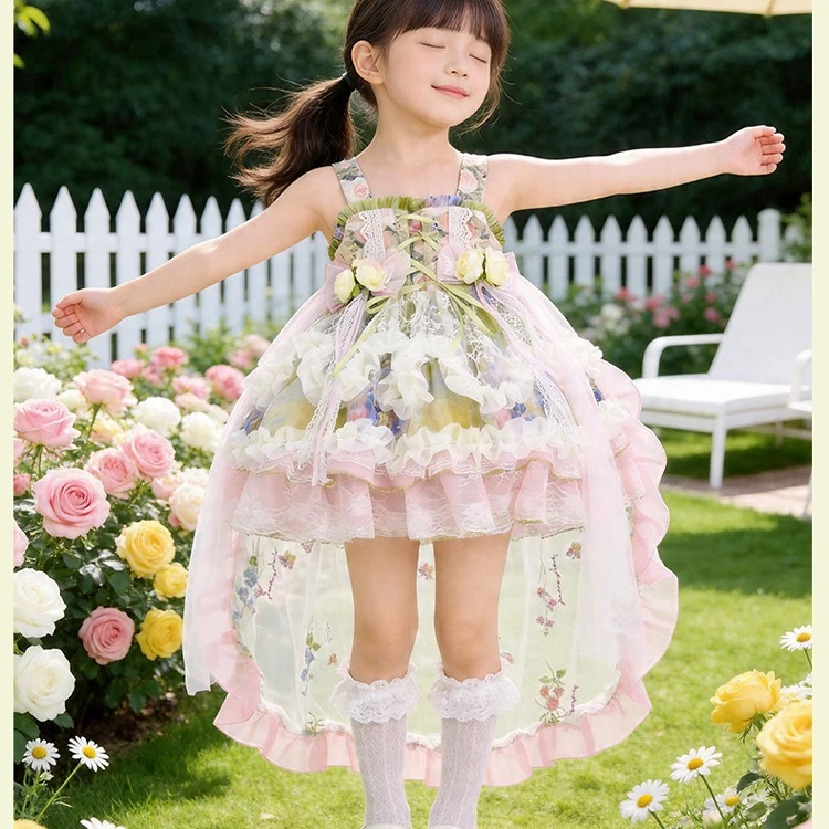 Girls Dress 2026 Spring Summer New Children's Clothing Korean Style Girl Baby Lolita Suspenter Drag Flower Princess Dress