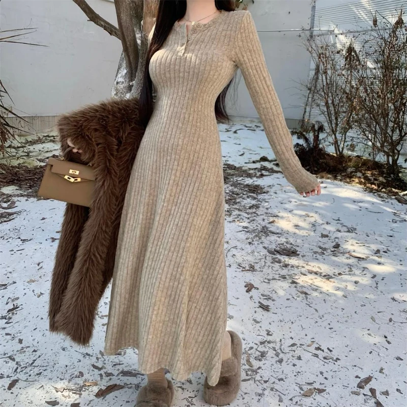 

Slim Temperament Solid Bottom Skirt V-neck Knitting French Midi Dress Women Autumn Corset Half Open Collar Long Sleeve Dresses