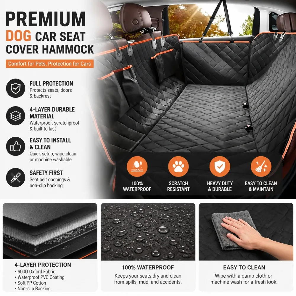 

600D Waterproof Dog Car Seat Cover Nonslip Scratch Proof Hammock with Side Flap & Seatbelt for Sedan SUV Truck