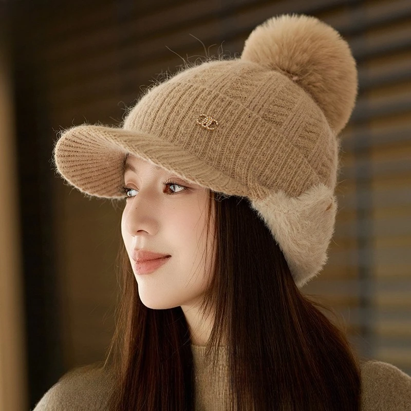 Rabbit Fur Baseball Cap Children Thickened Ear Bag Hairball Knitted Hat Korean Version Autumn and Winter Warm Cap Rabbit Fur Hat