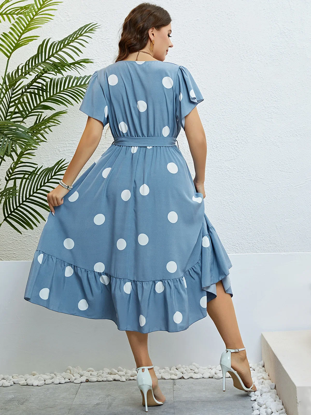 Plus Size Women Dress V Neck Ruffle Short Sleeve Dresses Drawstring Belt Blue Dot Robe Summer Casual Cocktail Gown Sundress