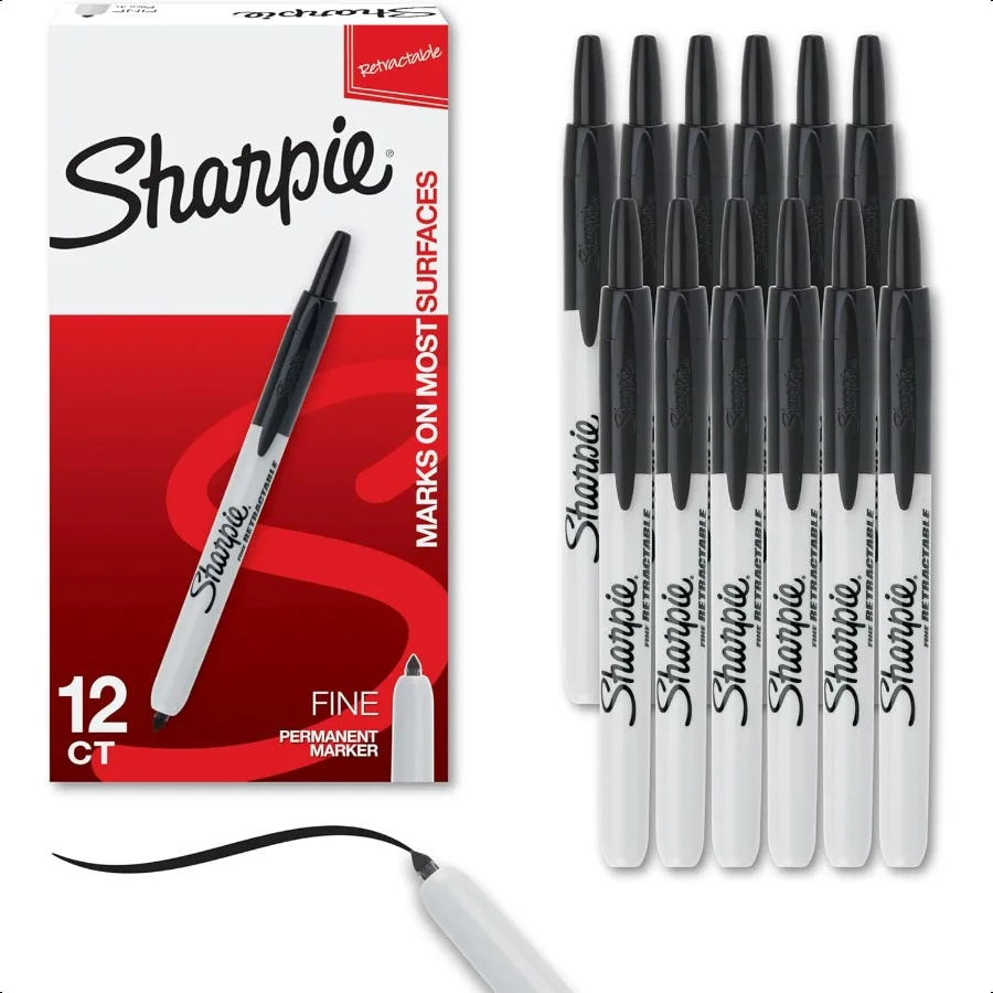 Retractable Permanent Markers Fine Tip Marker Set Office Supplies Teacher Supplies Black 12 Count