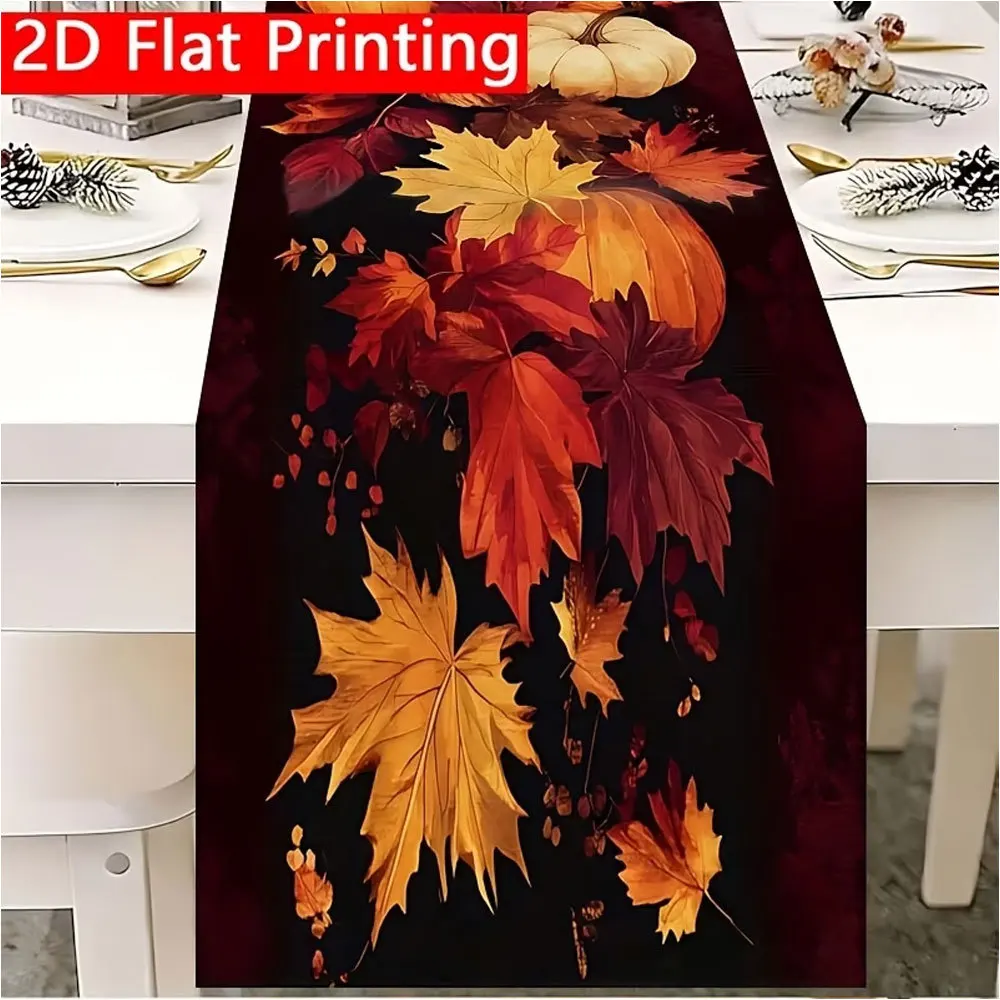 Table Runner Linen in Cream Stacked Orange  White Pumpkins with Maple Leaves  Daisies  Autumn Kitchen Table Styling