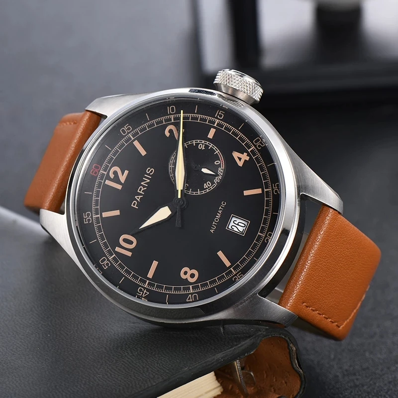 PARNIS Мужские автоматические часы 48 мм Роскошные мужские часы Спортивные механические наручные часы Военные 30 м Водонепроницаемый кожаный ремешок Relogio