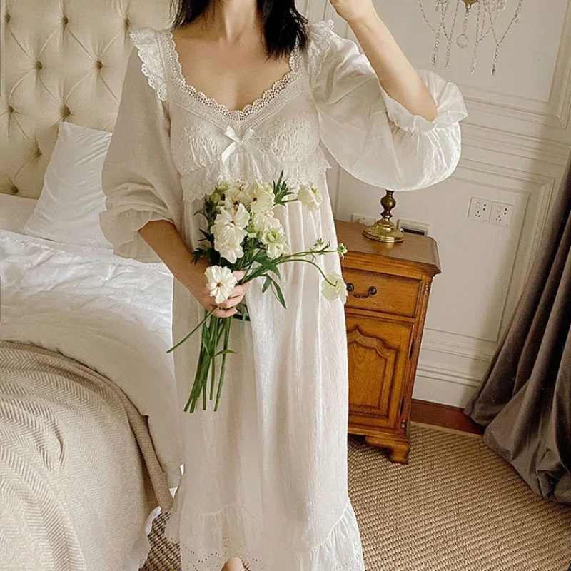 Romantic Princess Sleepwear Women Autumn Long Sexy Nighty Peignoirs Lolita Vintage Nightgowns Victorian White Cotton Night Dress